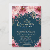 Tiara, String Lights Flowers Navy Blue Quinceañera Kaart (Voorkant)