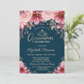 Tiara, String Lights Flowers Navy Blue Quinceañera Kaart (Staand voorkant)