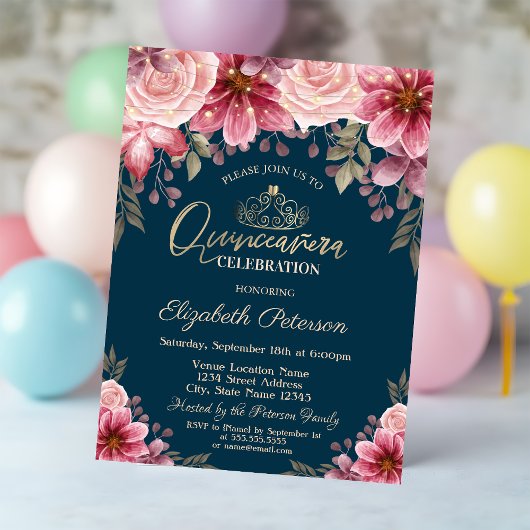 Tiara, String Lights Flowers Navy Blue Quinceañera Kaart