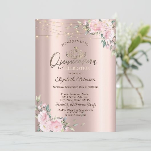 Tiara, String Lights Flowers Rozen Quinceañera Kaart (Staand voorkant)
