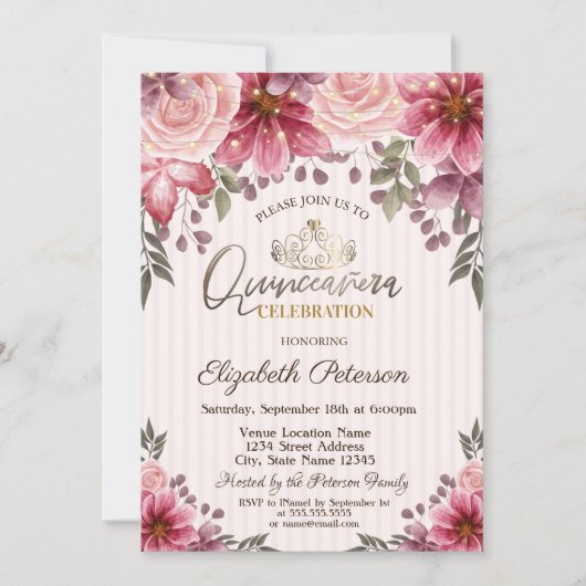 Tiara, String Lights Flowers Striped Quinceañera Kaart (Voorkant)