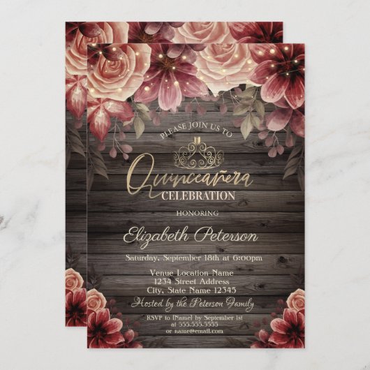 Tiara, String Lights Flowers Wood Quinceañera Kaart (Voorkant / Achterkant)