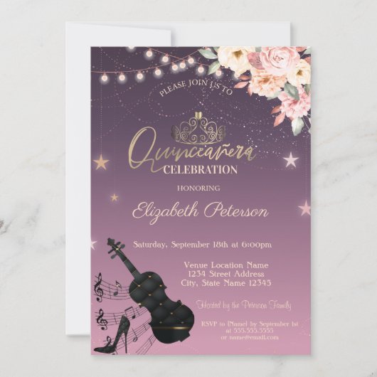 Tiara, String Lights, Guitar, Floral Quinceañera Kaart (Voorkant)