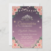 Tiara, String Lights, Lace, Rozen Quinceañera Kaart (Voorkant)