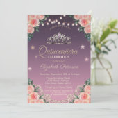 Tiara, String Lights, Lace, Rozen Quinceañera Kaart (Staand voorkant)