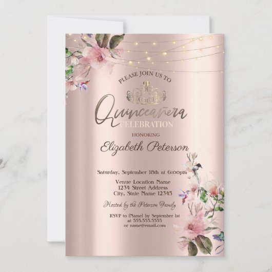 Tiara, String Lights Lente Bloemen Quinceañera Kaart (Voorkant)