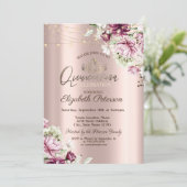 Tiara, String Lights Pink Flowers Quinceañera Kaart (Staand voorkant)