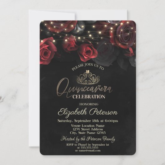 Tiara, String Lights Rozen Black Quinceañera Kaart (Voorkant)