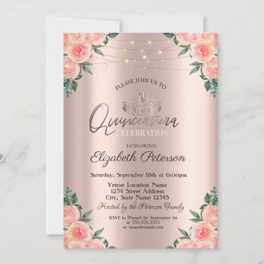 Tiara, String Lights Rozen Quinceañera Kaart (Voorkant)