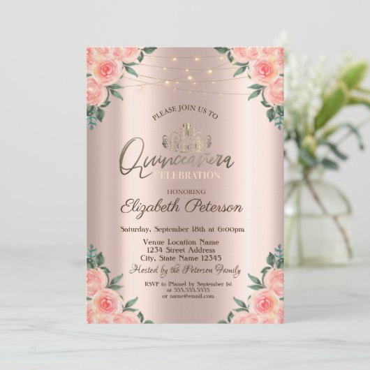 Tiara, String Lights Rozen Quinceañera Kaart (Staand voorkant)