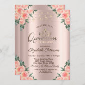 Tiara, String Lights Rozen Quinceañera Kaart (Voorkant / Achterkant)