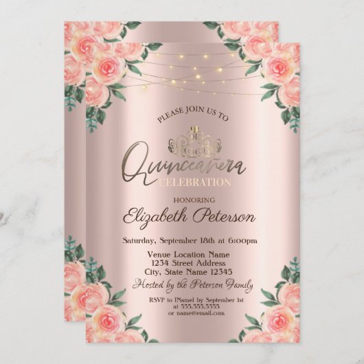 Tiara, String Lights Rozen Quinceañera Kaart (Voorkant / Achterkant)