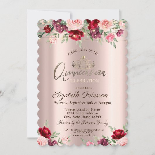 Tiara, String Lights, Rozen, Roos Gold Quinceañera Kaart (Voorkant)