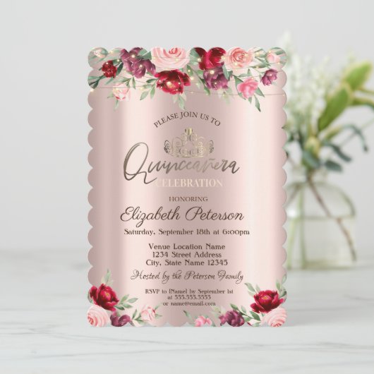 Tiara, String Lights, Rozen, Roos Gold Quinceañera Kaart (Staand voorkant)