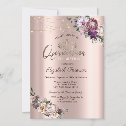 Tiara, String Lights Tropical Flowers Quinceañera Kaart (Voorkant)