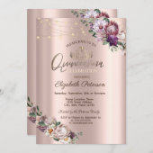 Tiara, String Lights Tropical Flowers Quinceañera Kaart (Voorkant / Achterkant)