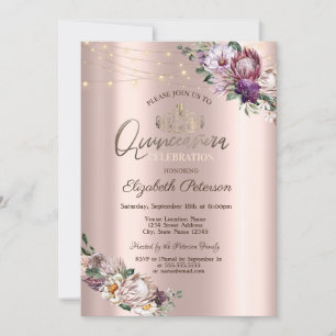 Tiara, String Lights Tropical Flowers Quinceañera Kaart