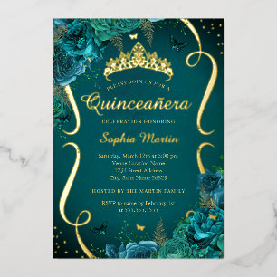 Tiara Teal Roos Bloemvlinder Quinceanera Folie Uitnodiging