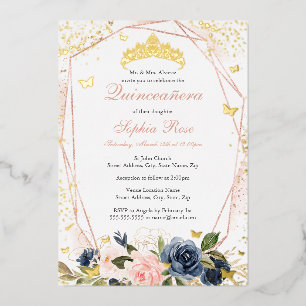 Tiara vlinder bloemenblush roze marine quinceanera folie uitnodiging