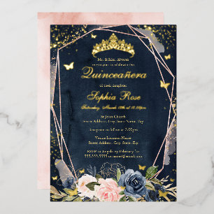Tiara Vlinder Bloemig Navy Roze Quinceanera Folie Uitnodiging