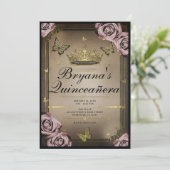 Tiara Vlinders Bord Roze Rozen Quinceañera Kaart (Staand voorkant)
