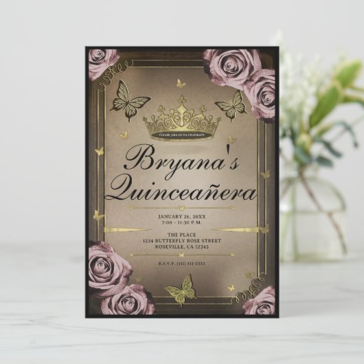 Tiara Vlinders Bord Roze Rozen Quinceañera Kaart (Staand voorkant)