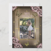 Tiara Vlinders Bord Roze Rozen Quinceañera Kaart (Achterkant)