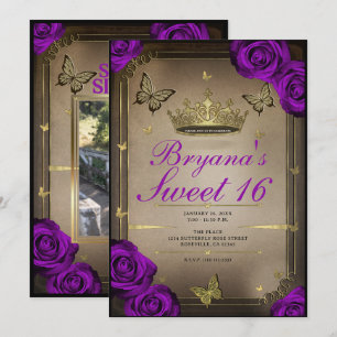 Tiara Vlinders Fel Paarse Rozen Sweet 16 Kaart