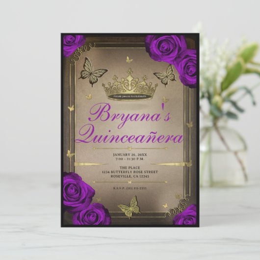 Tiara Vlinders Heldere Paarse Rozen Quinceañera Kaart (Staand voorkant)