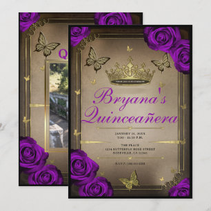 Tiara Vlinders Helderpaarse Rozen Quinceañera Kaart