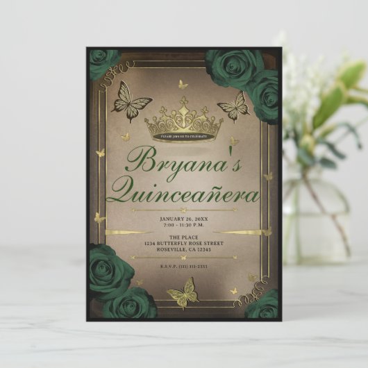 Tiara Vlinders Smaragd Groene Rozen Quinceañera Kaart (Staand voorkant)