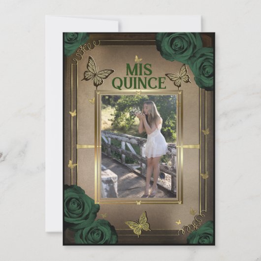 Tiara Vlinders Smaragd Groene Rozen Quinceañera Kaart (Achterkant)