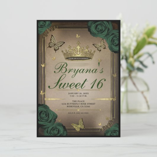 Tiara Vlinders Smaragd Groene Rozen Sweet 16 Kaart (Staand voorkant)