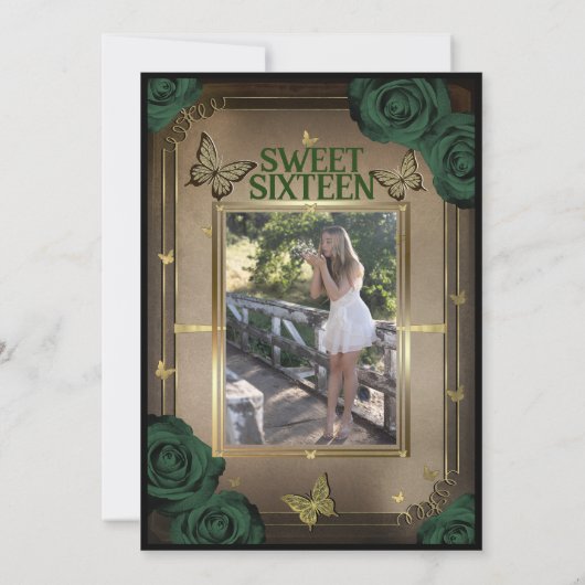 Tiara Vlinders Smaragd Groene Rozen Sweet 16 Kaart (Achterkant)