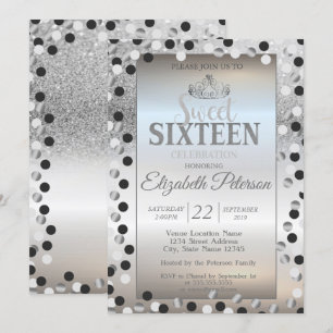 Tiara, Zilveren Glitter Bokeh Stippen Sweet 16 Fee Kaart