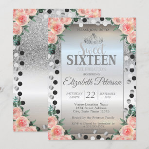 Tiara, Zilveren Glitterrozen Stippen Sweet 16 Fees Kaart