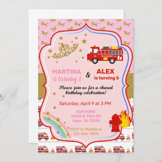 Tiaras en brandweerwagens die hun verjaardag viere kaart (Voorkant / Achterkant)