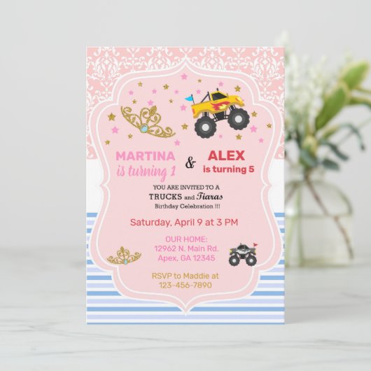 Tiaras en monster truck broers en zussen verjaarda kaart (Staand voorkant)