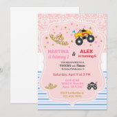 Tiaras en monster truck broers en zussen verjaarda kaart (Voorkant / Achterkant)