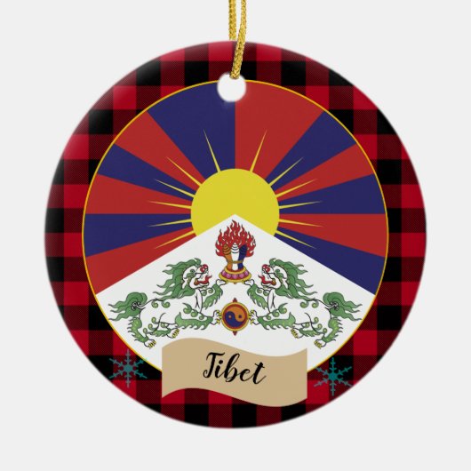 Tibet, Rode buffels en Tibetaanse vlag Keramisch Ornament (Voorkant)