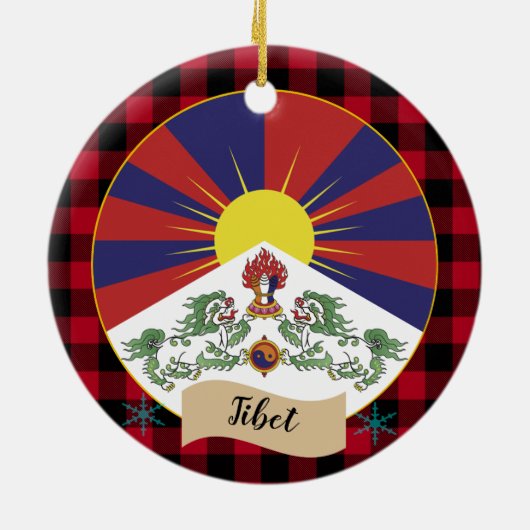 Tibet, Rode buffels en Tibetaanse vlag Keramisch Ornament (Achterkant)