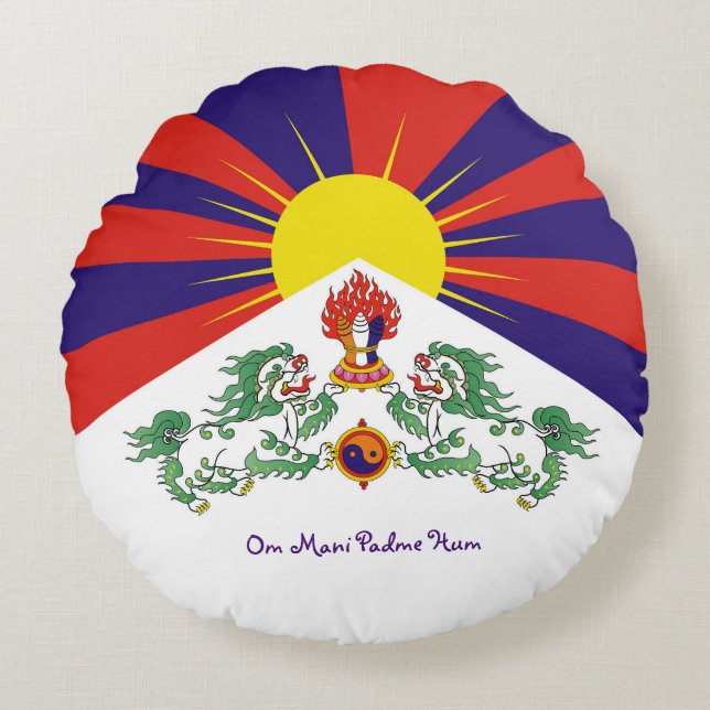 Tibet & Sneeuwleeuwen, vlag - De Himalaya / Tibeta Rond Kussen (Voorkant)