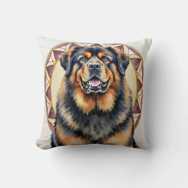 Tibetaanse Mastiff Aquarel Mandala Kunst Kussen (Voorkant)