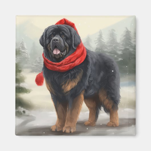 Tibetaanse Mastiff Hond in Sneeuw Kerstmis Magneet (Voorkant)