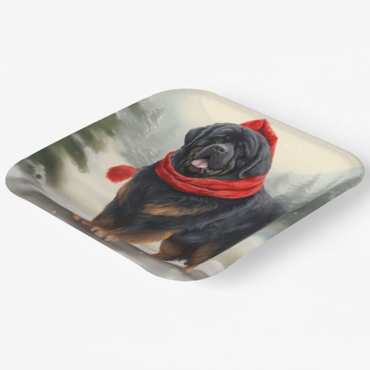 Tibetaanse Mastiff Hond in Sneeuw Kerstmis Papieren Bordje (Gebogen)