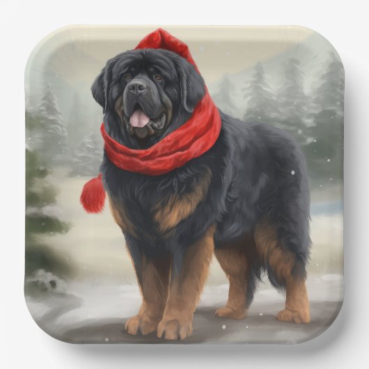 Tibetaanse Mastiff Hond in Sneeuw Kerstmis Papieren Bordje (Voorkant)