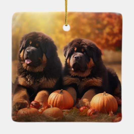Tibetaanse Mastiff Puppy Herfst Delight Pompoen Keramisch Ornament (Achterkant)