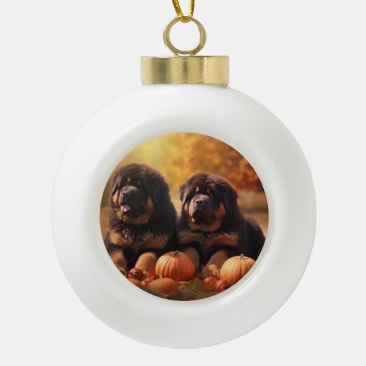 Tibetaanse Mastiff Puppy Herfst Delight Pompoen Keramische Bal Ornament (Voorkant)