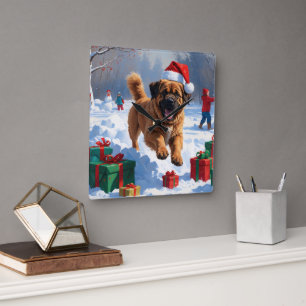 Tibetaanse Mastiff rent in de sneeuw met kerstmuts Vierkante Klok