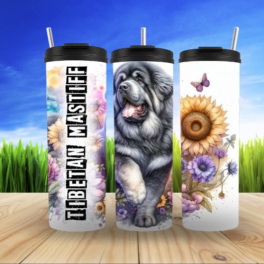 Tibetaanse Mastiff tussen bloemen en vlinders Thermosbeker